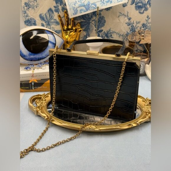 🆕 OROTON 🧿 NWOT Black Icon Frame Croco Clutch - Picture 8 of 16